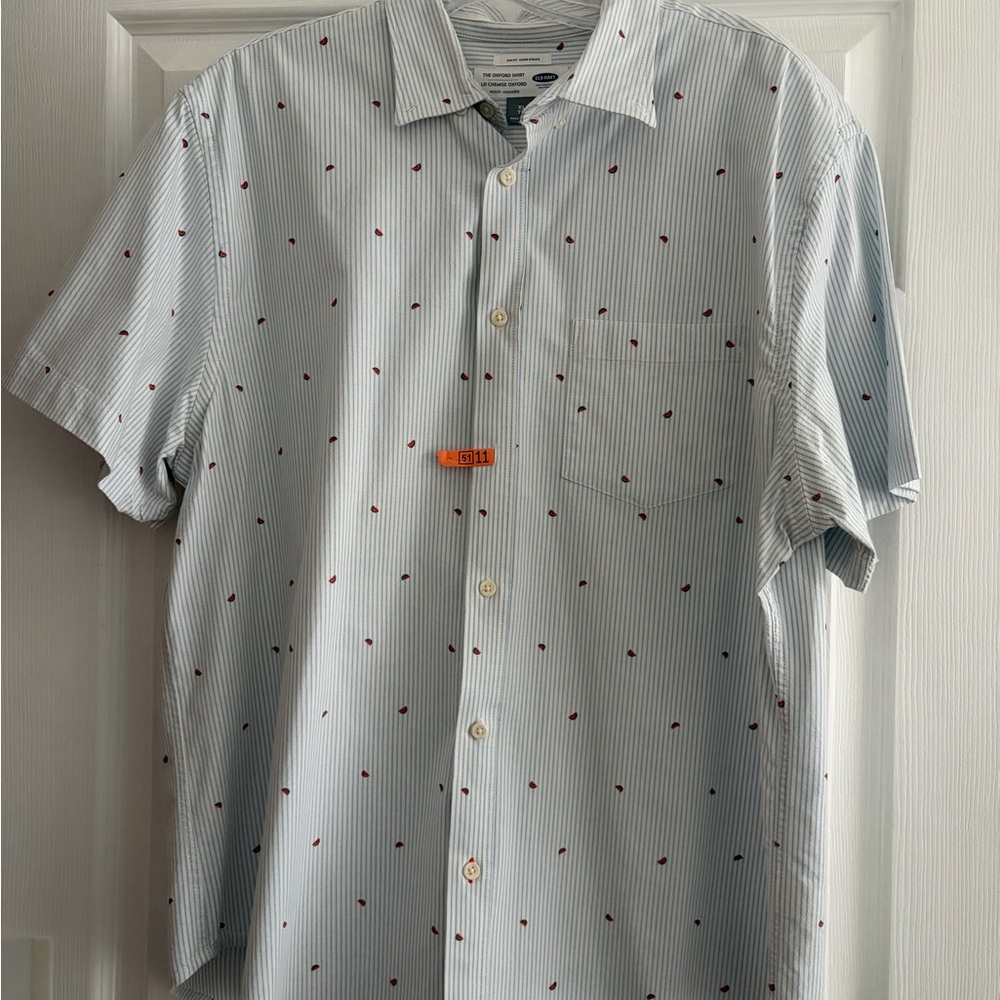Men's Blue Striped Shirt with Red Watermelon Accents